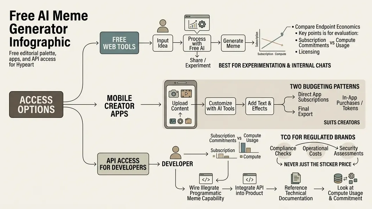 Comparison of web tools, mobile apps, and API integration paths for managing meme generation costs
