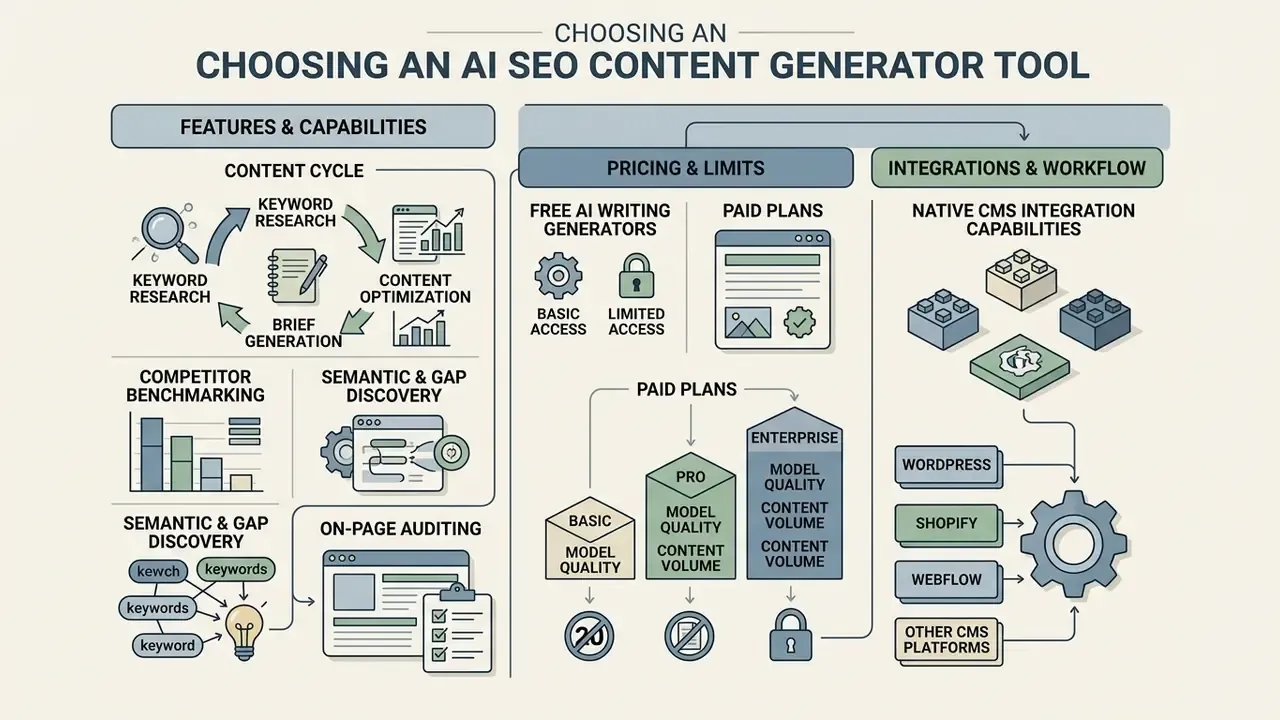 Infographic detailing criteria for software selection including content cycles, pricing, and CMS integration