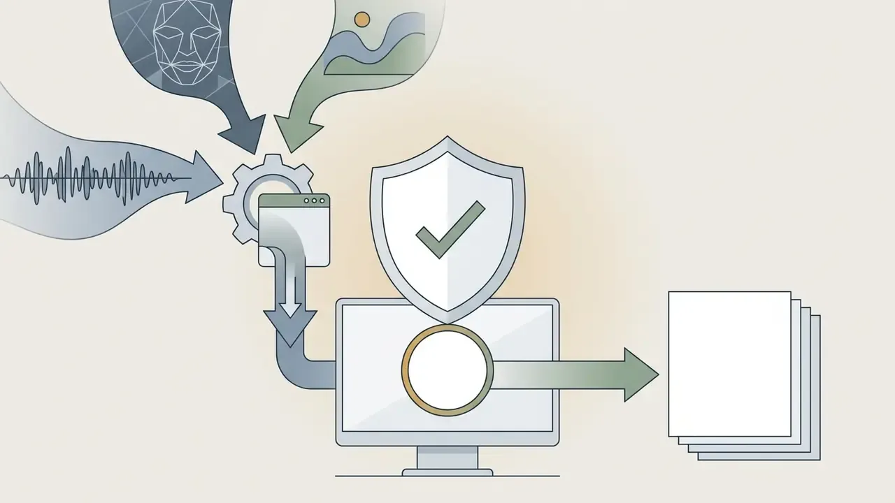 Media assets flowing into a processing gear and monitor protected by a shield icon with a checkmark