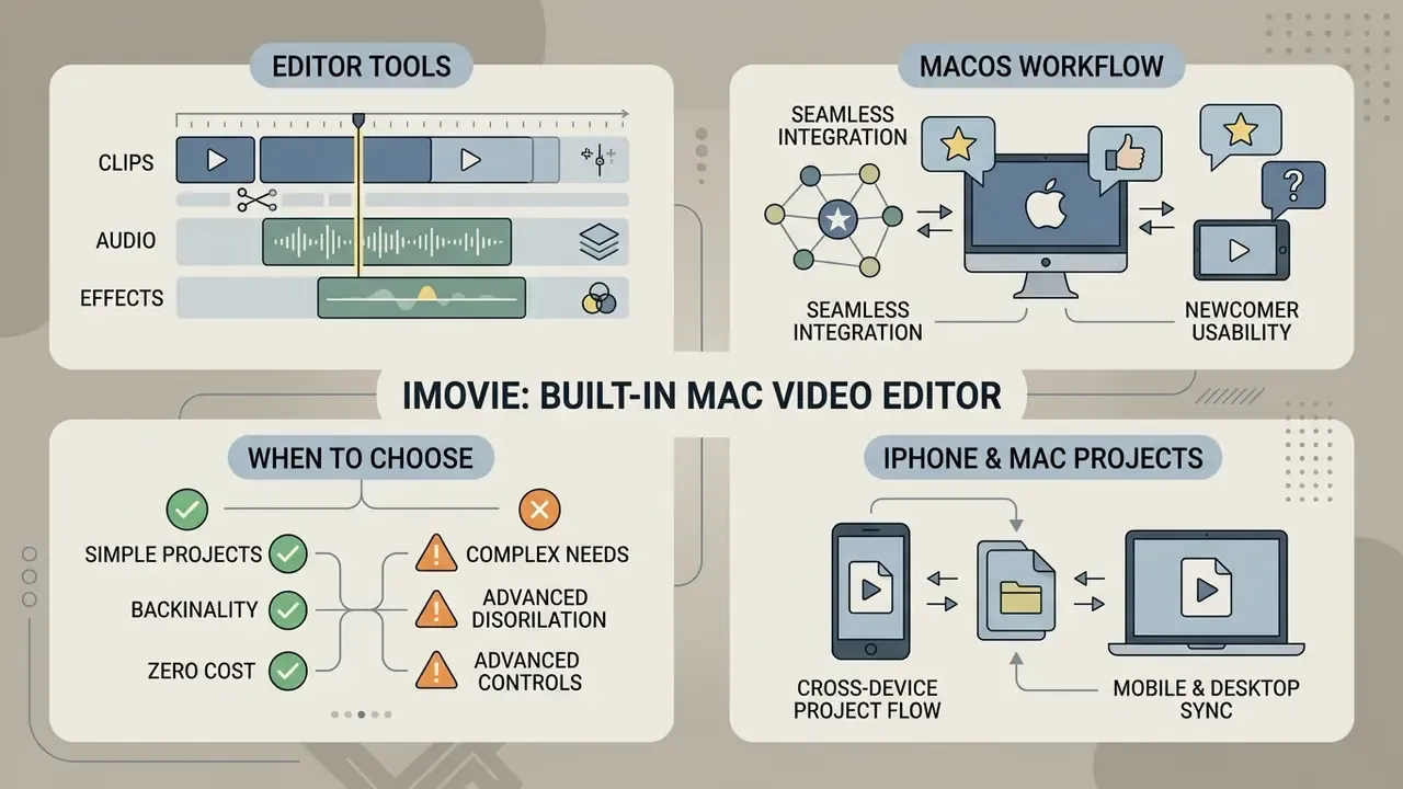 Infographic showing iMovie tools, macOS workflow, usage scenarios, and cross-device project syncing