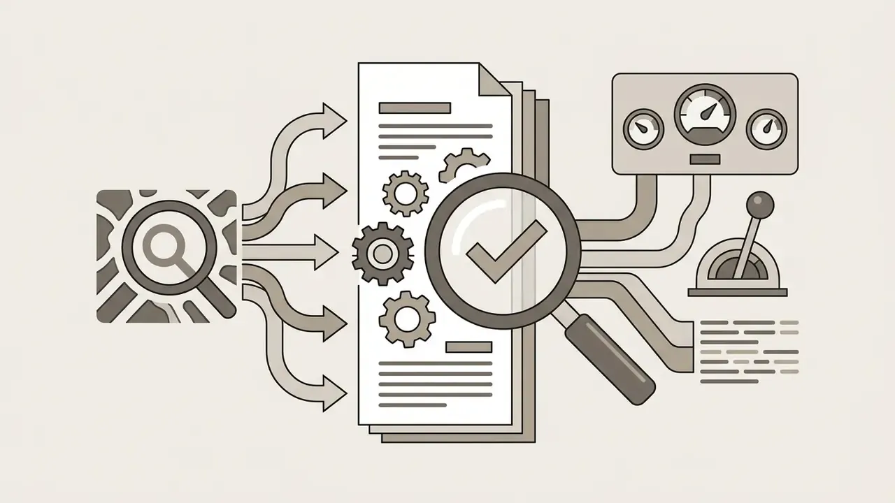 Search icon feeding data into a document with gears and a magnifying glass checking for verification