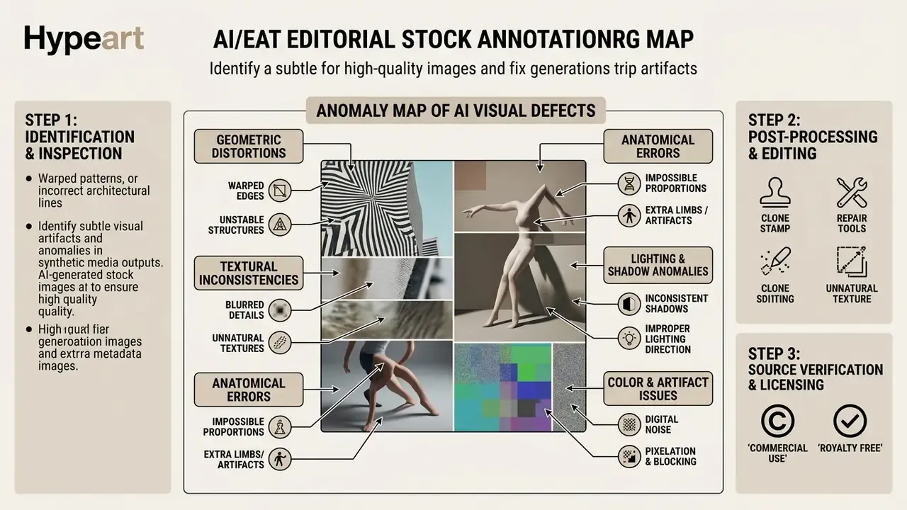 Infographic mapping common visual defects in synthetic media including anatomical errors and texture smudging