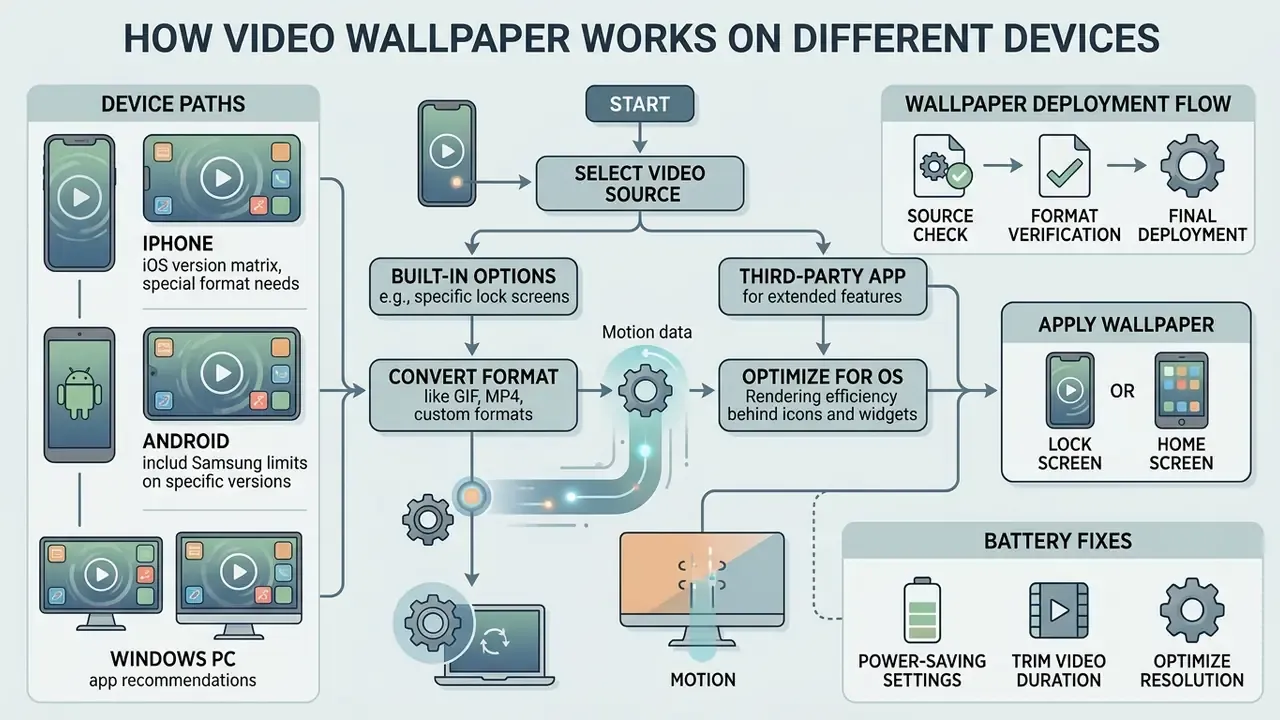 Flowchart detailing the process of selecting, converting, and applying video wallpaper on various devices