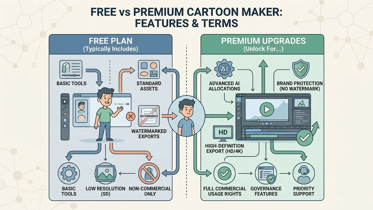 Comparison chart showing feature differences and usage restrictions between free and premium software plans