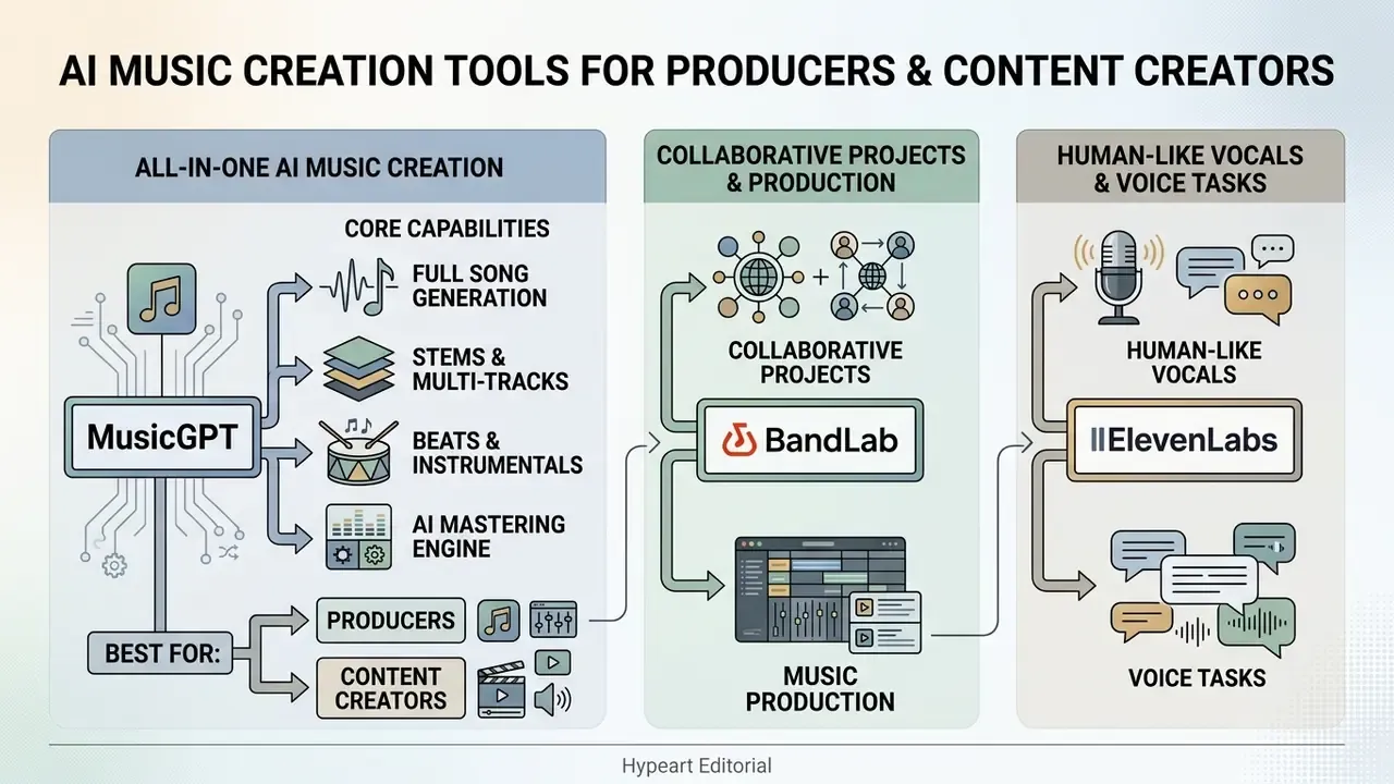 Summary of MusicGPT, BandLab, and ElevenLabs features for producers and content creators
