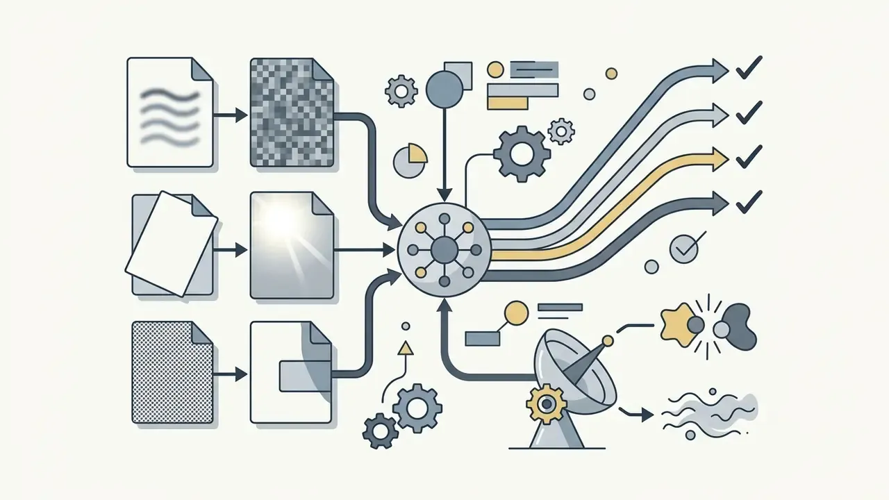 Degraded documents flowing into a central processing hub that outputs validated results and error signals