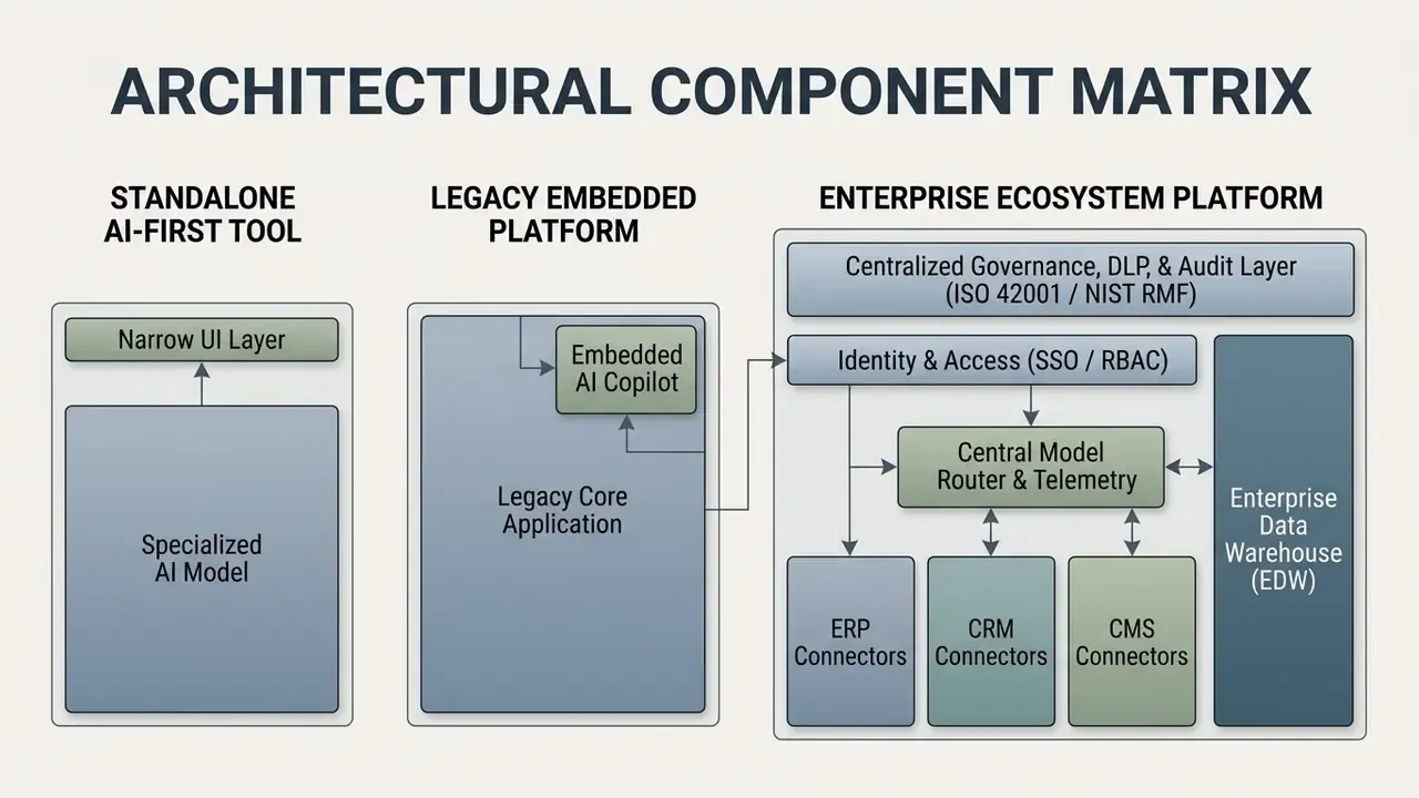 Architectural matrix comparing standalone AI tools, legacy embedded platforms, and enterprise ecosystems