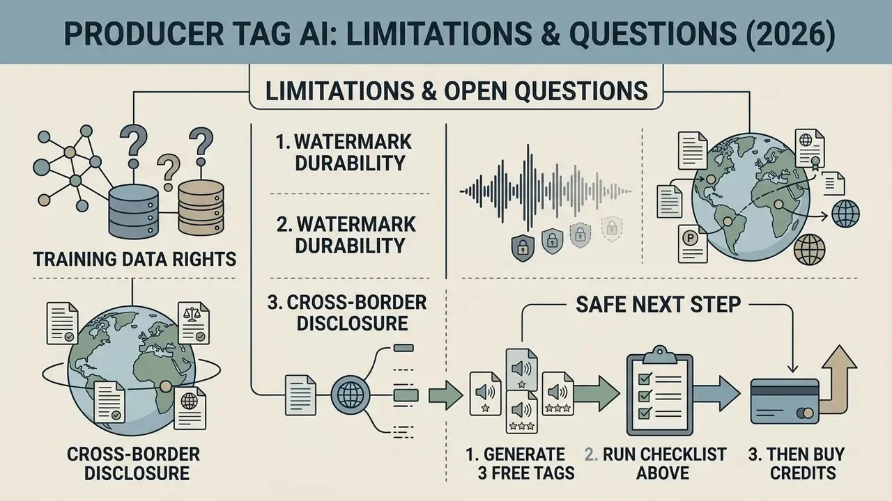 Summary of legal and technical challenges for a producer tag generator AI including a three-step workflow
