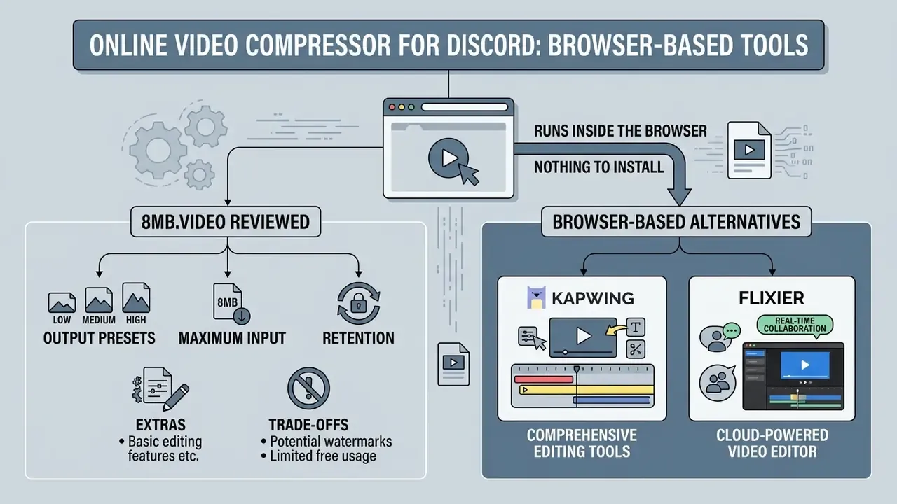 Diagram showing how browser-based video compressors for Discord work without requiring installations
