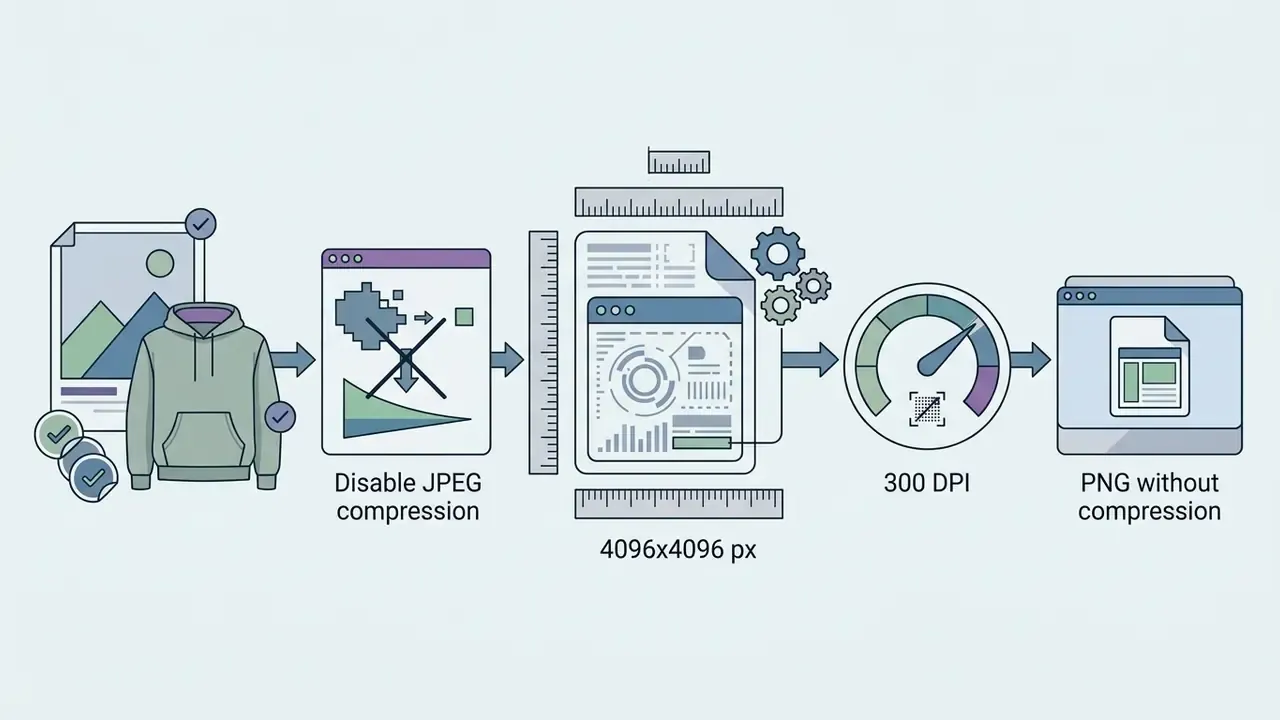 Process showing image preparation for print with compression disabled and resolution set to 4096x4096 at 300 DPI