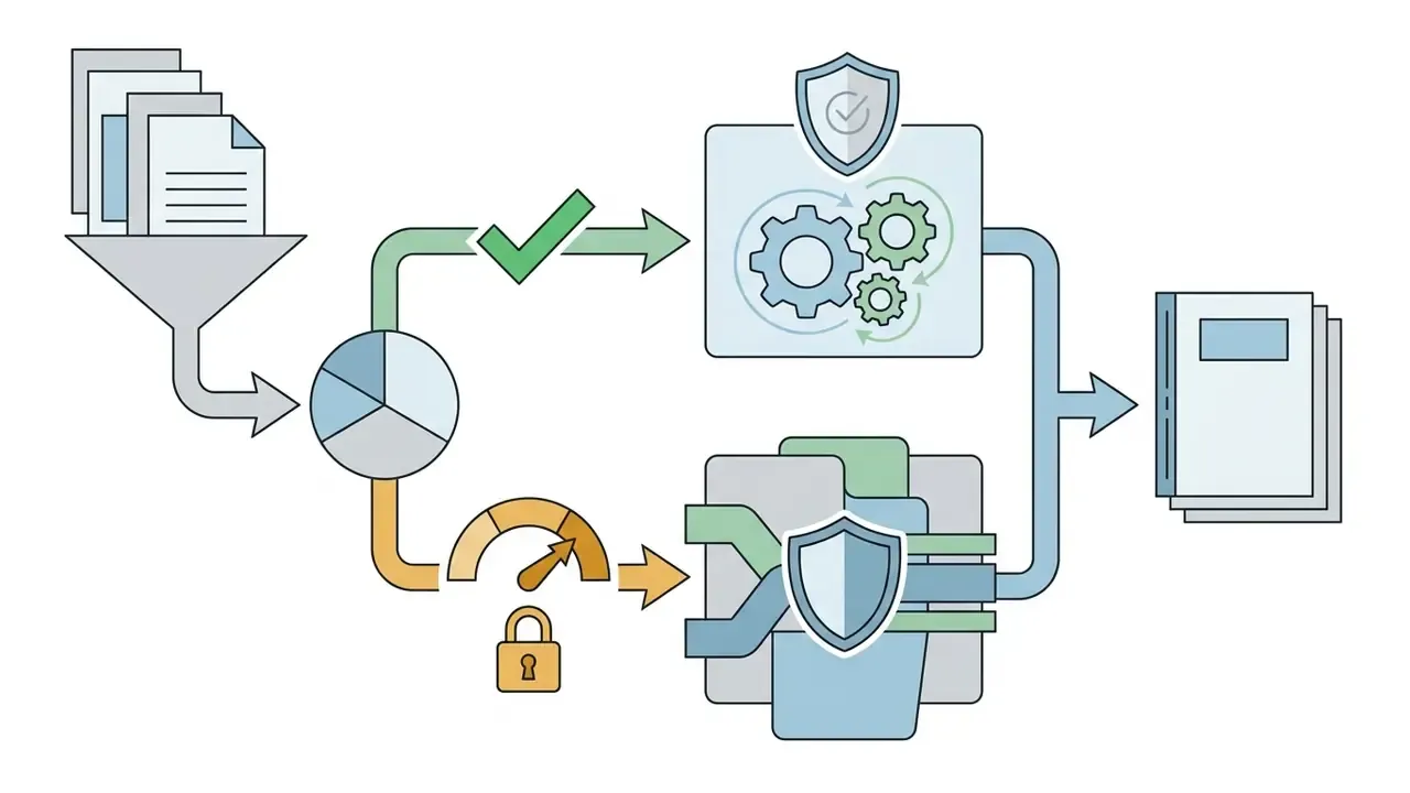 Documents passing through a funnel and classification pie chart into separate security processing paths