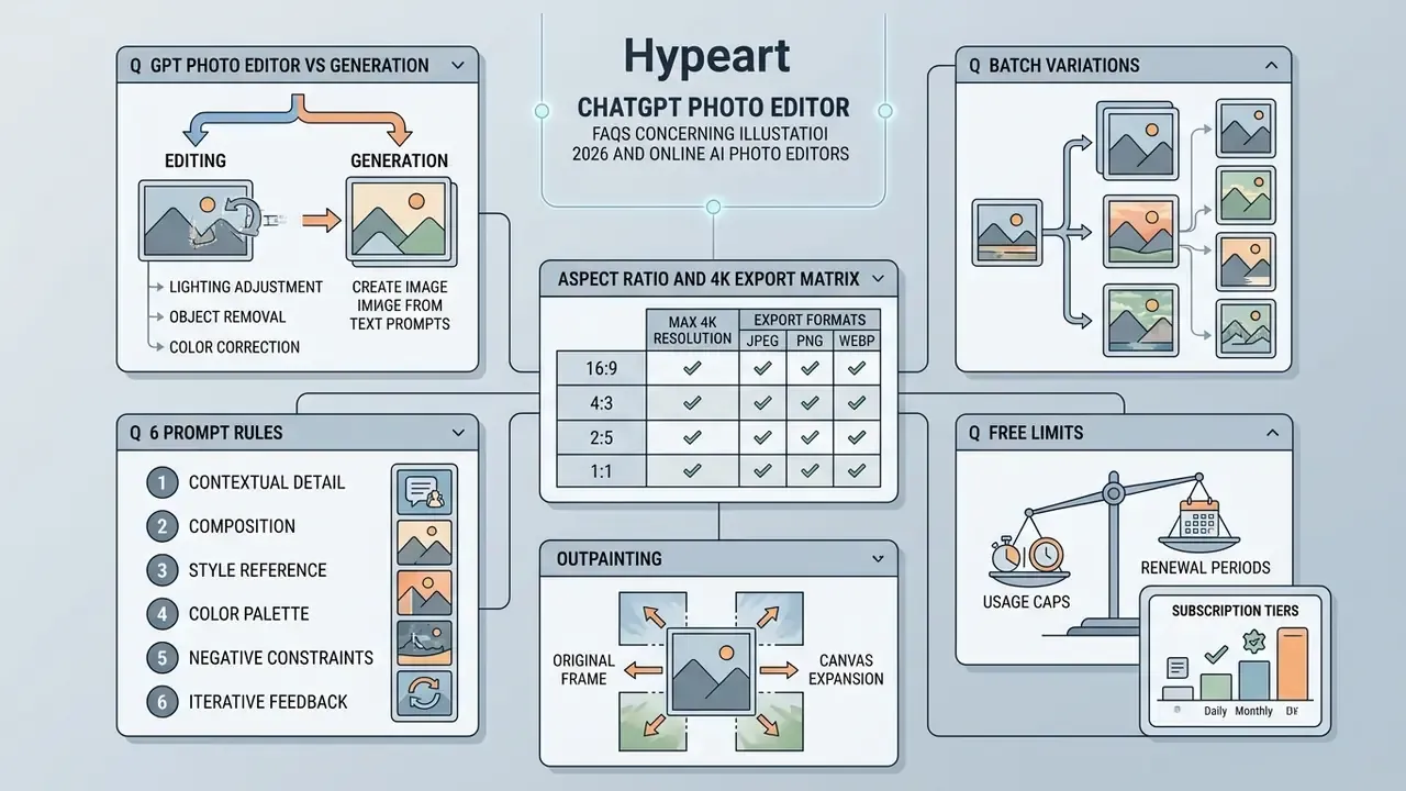 Layout of FAQs covering image editing, batch variations, prompt rules, export settings, and usage limits