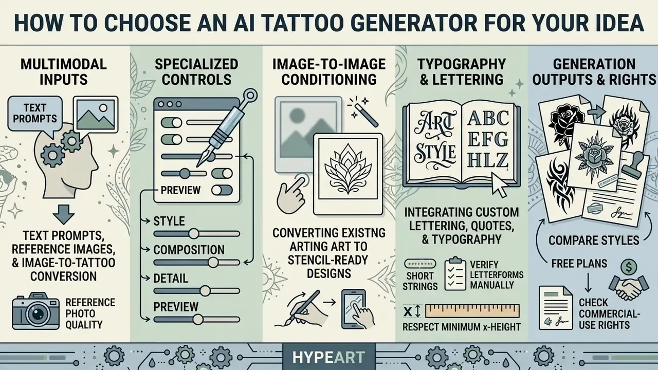 Five distinct columns detailing functional pillars for evaluating an AI tattoo generator