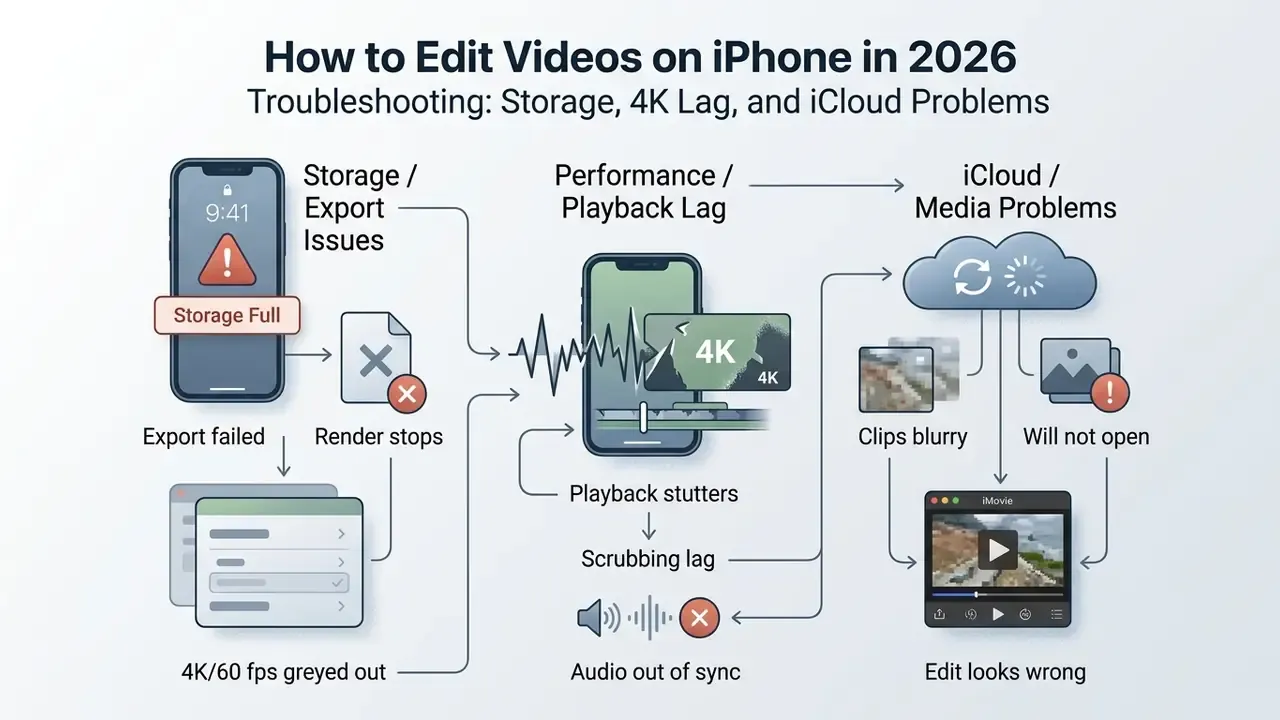 Flowchart identifying common storage, performance, and iCloud issues when you edit videos on iPhone