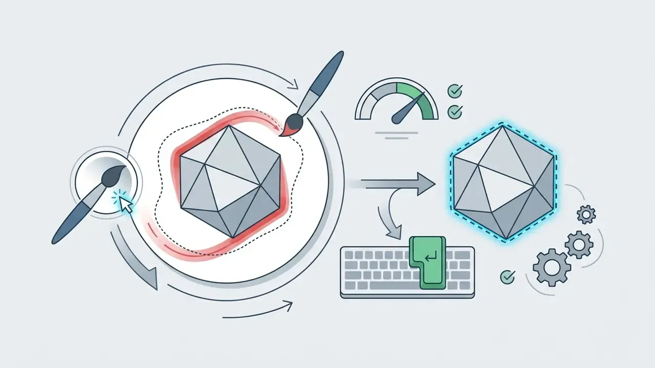 Brush painting a selection path around a geometric shape with keyboard enter key and gear icons
