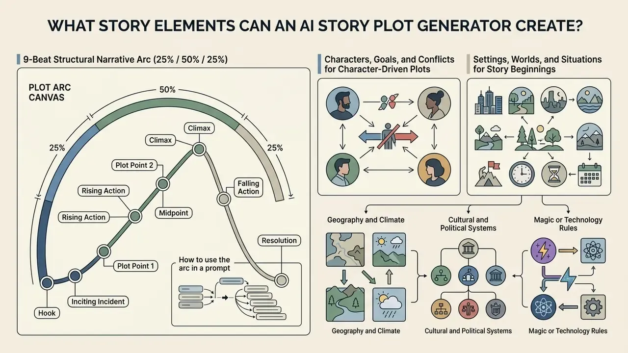 Infographic detailing narrative arc structures, character dynamics, world-building, and system rules