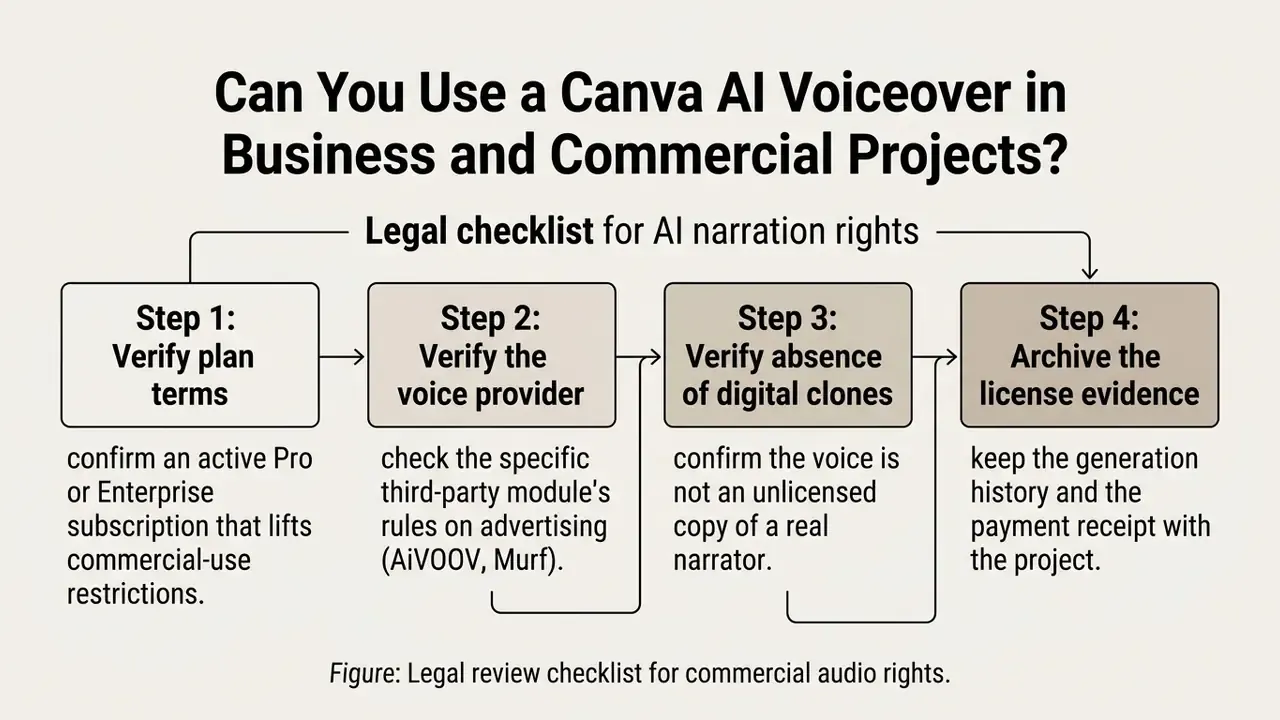 Four sequential steps for verifying legal rights to use AI narration in commercial projects
