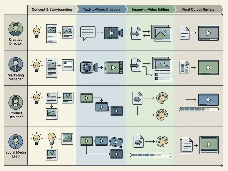 Matrix showing professional roles and their specific video creation workflows using Luma Dream Machine