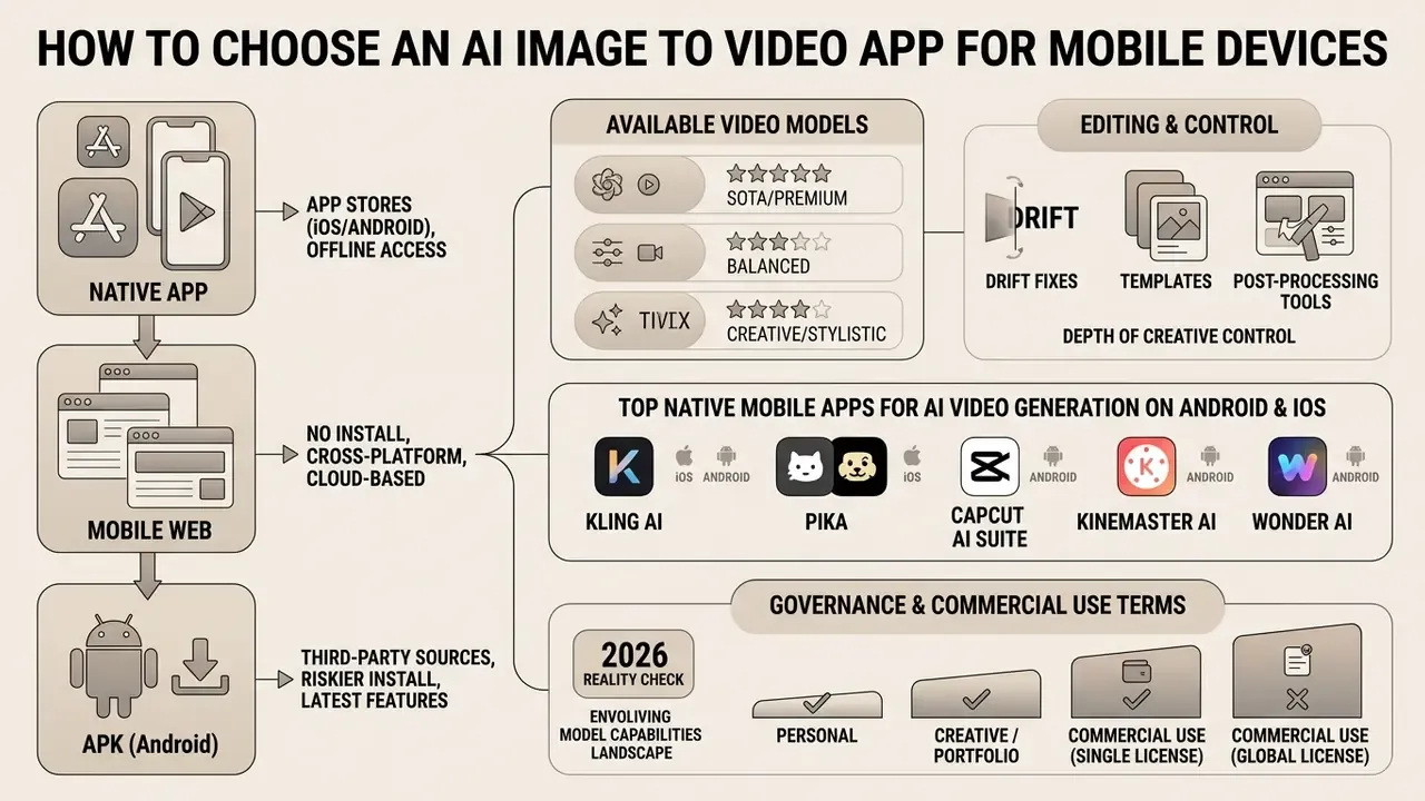 Infographic comparing deployment methods, video models, and features for mobile AI video generation apps