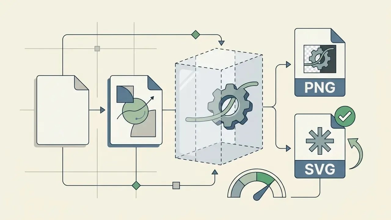 Document processing flow converting design files into transparent PNG and SVG export formats