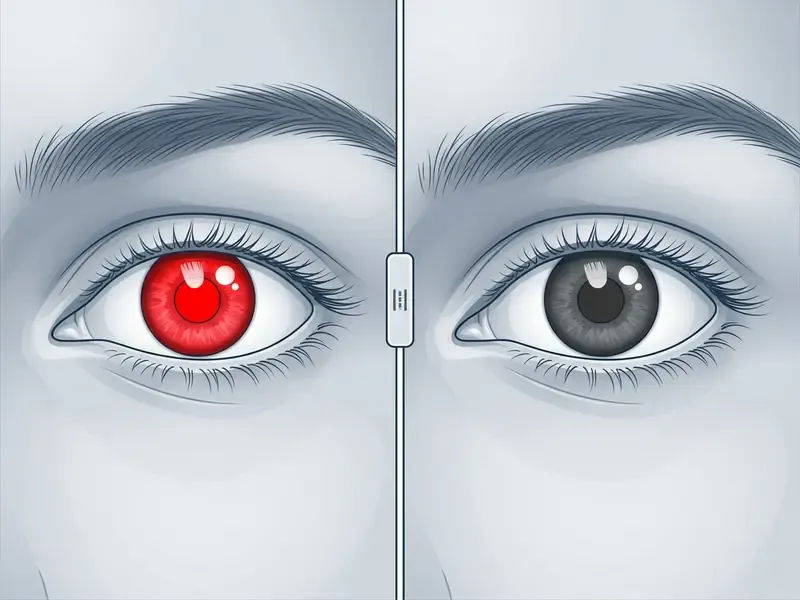 Close-up of a human eye transitioning from a bright red flash reflection to a natural dark pupil