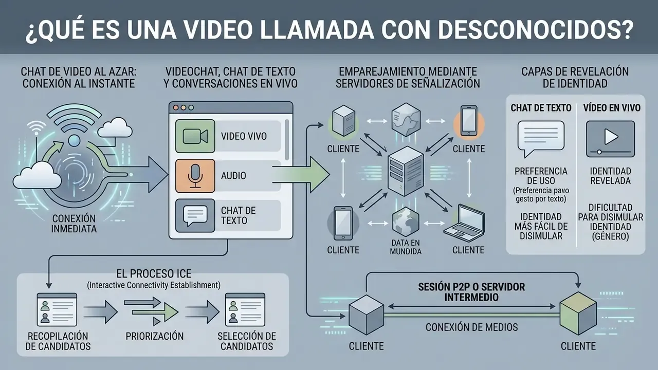 Infographic showing the technical process of connecting users for an online video call with strangers