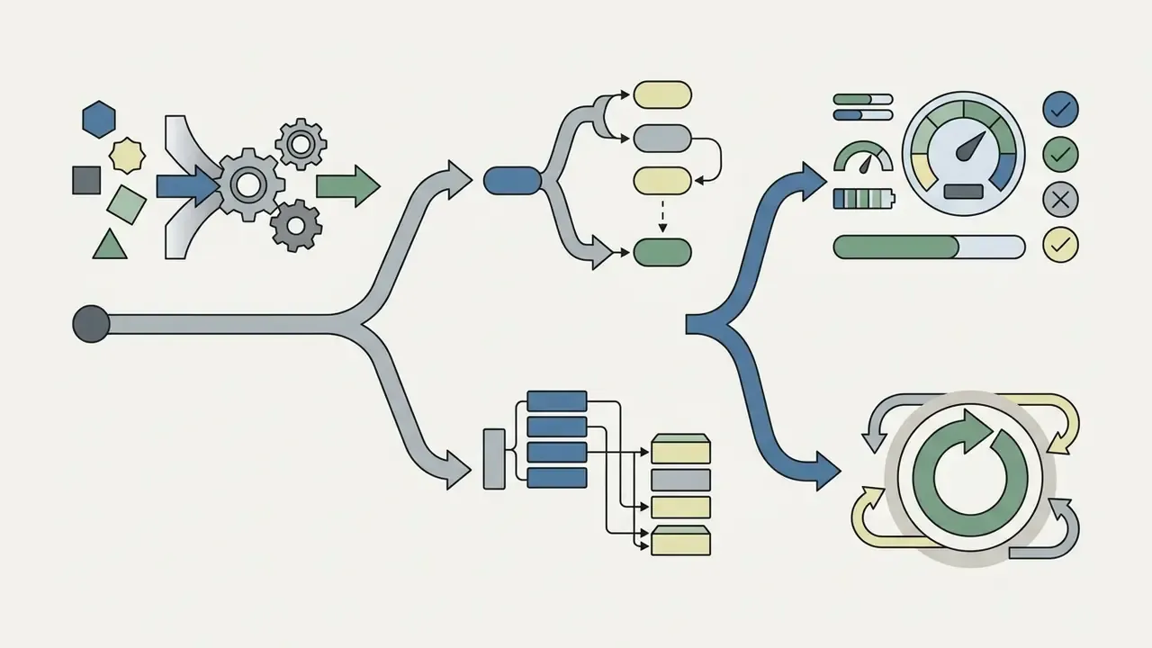 Visual representation of an asynchronous workflow processing data inputs into system metrics and retries