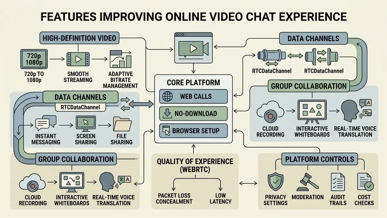 Diagram showing technical components like high-definition video, data channels, and collaboration tools