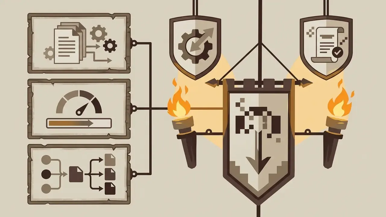 Medieval style panels and shields connected by lines showing a technical process with torches and banners
