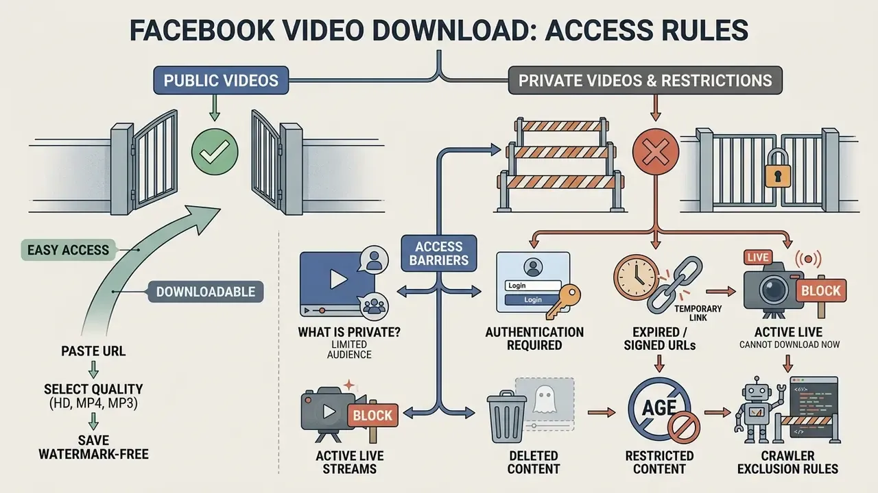 Flowchart comparing open access to public videos versus restricted access for private Facebook content