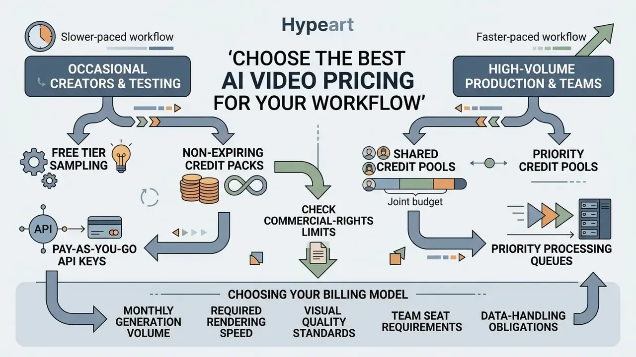 Decision tree comparing AI video pricing models for individual creators versus high-volume production teams