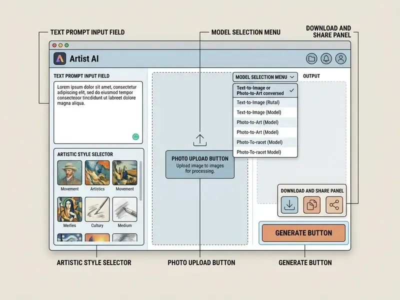 Annotated software window displaying input fields, style selectors, and model options for image creation