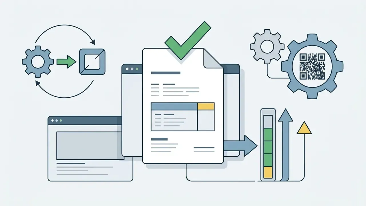 QR code and gear icons linked to a verified document and performance metrics for a reel maker app