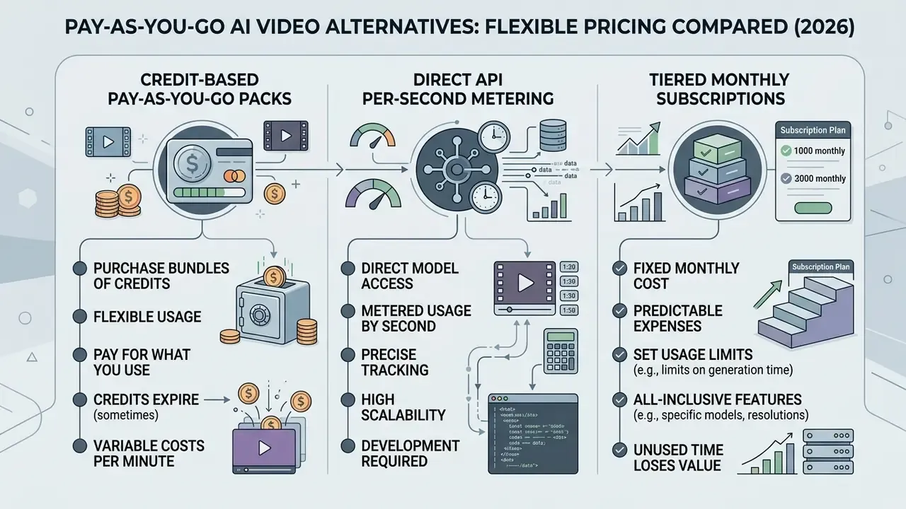 Diagram showing three pricing models for AI video generation including credit packs, API, and subscriptions