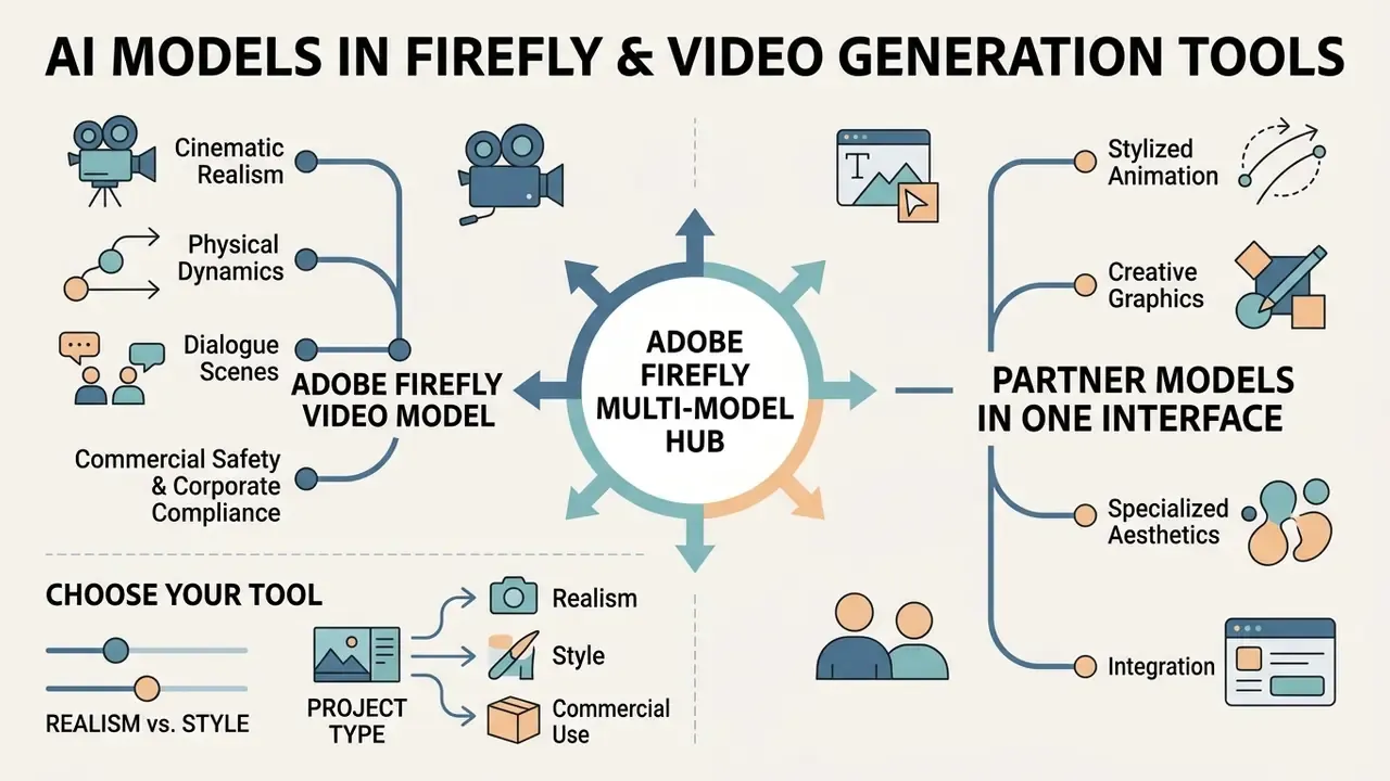 Central hub diagram connecting Adobe Firefly and partner models to specific video capabilities and styles
