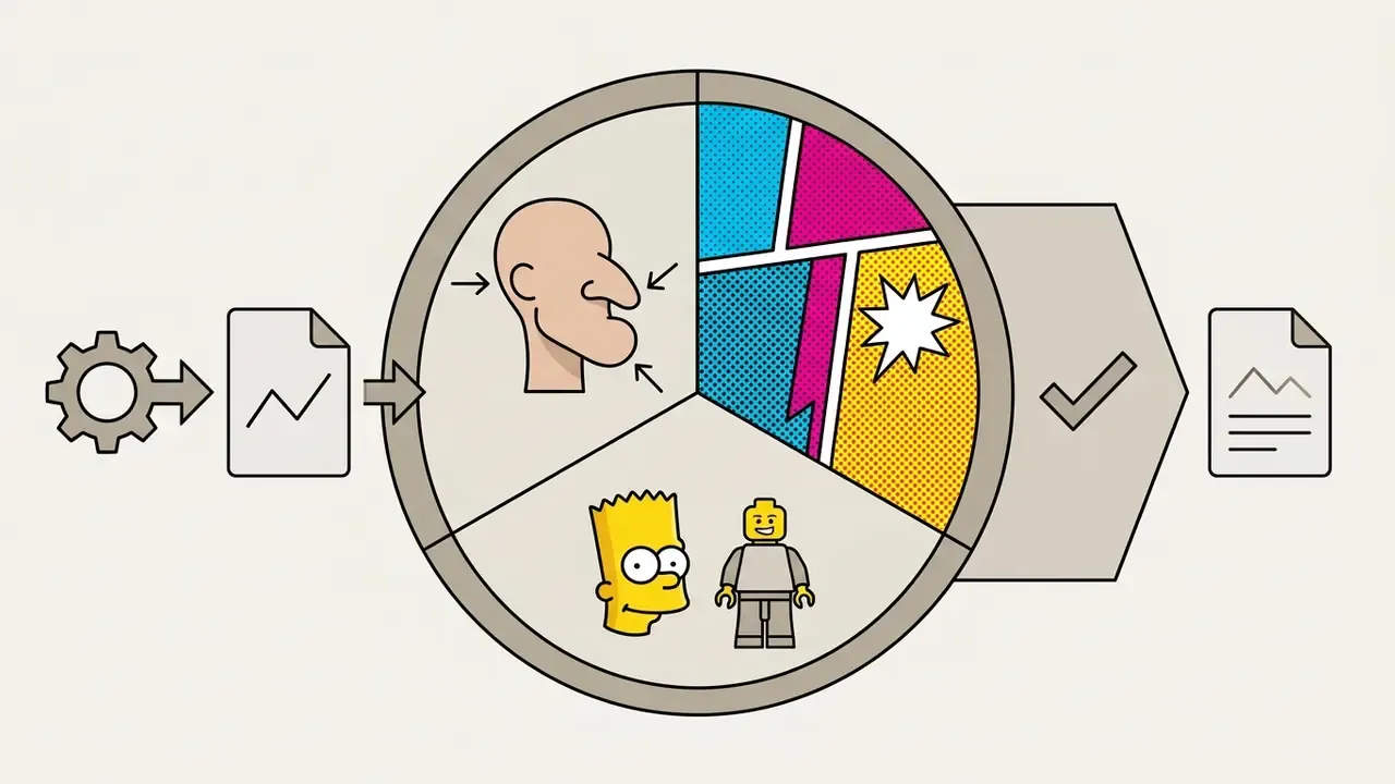 Document icon passing through a gear into a circular panel showing caricature, pop art, and meme styles