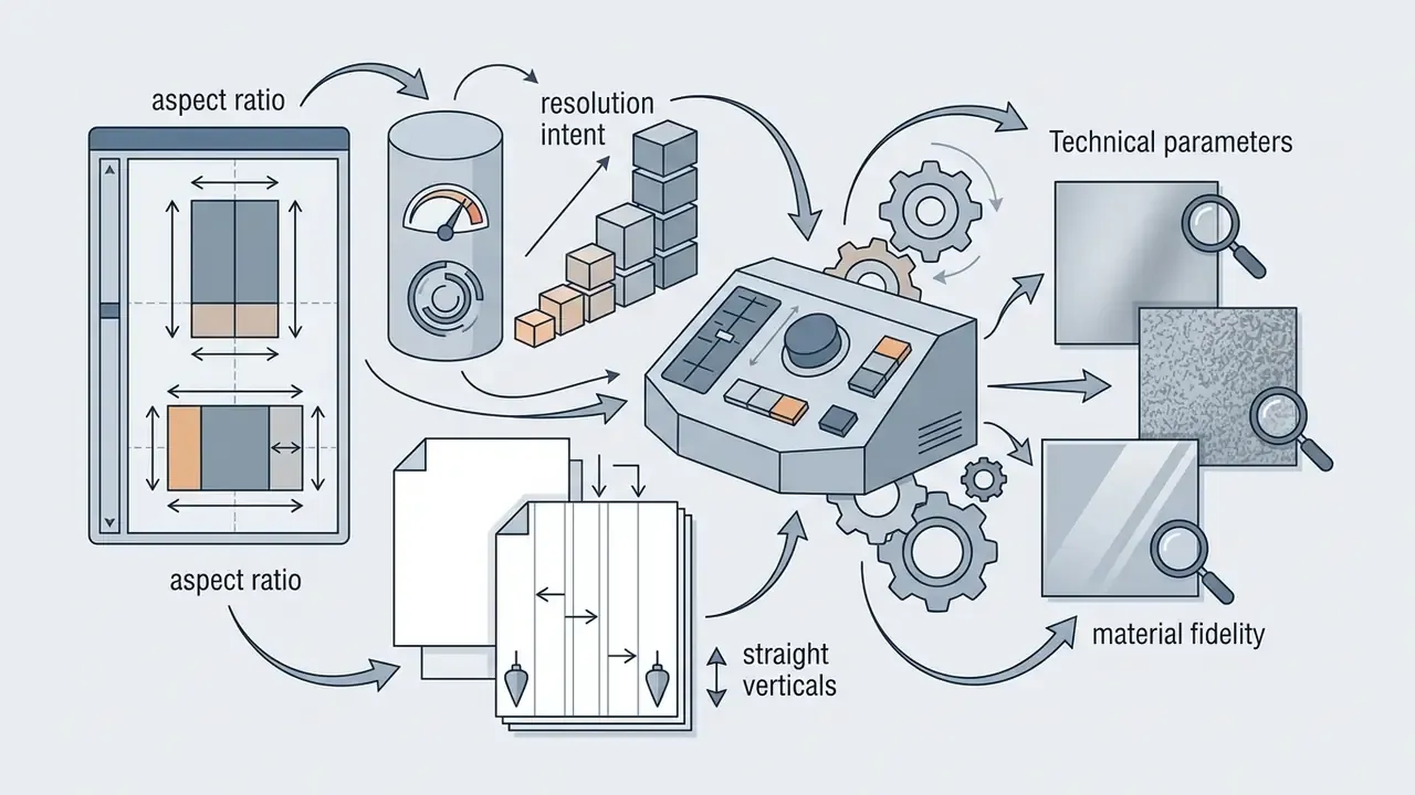 Technical parameters like aspect ratio and material fidelity feeding into a control panel with gears