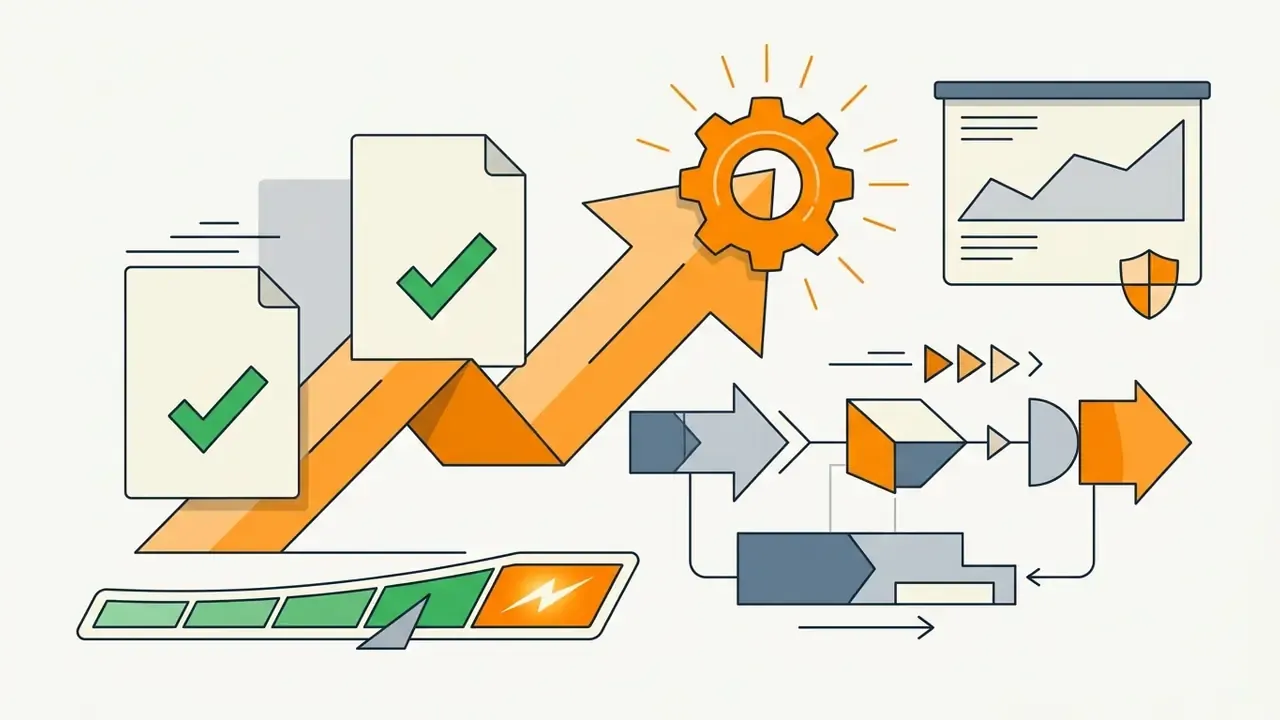 Orange arrow pointing upward with documents, a gear, a data chart, and a progress bar