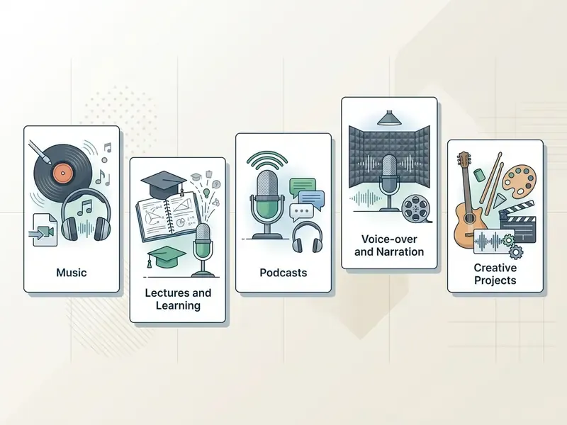 Set of five cards displaying icons for music, lectures, podcasts, voice-over, and creative projects