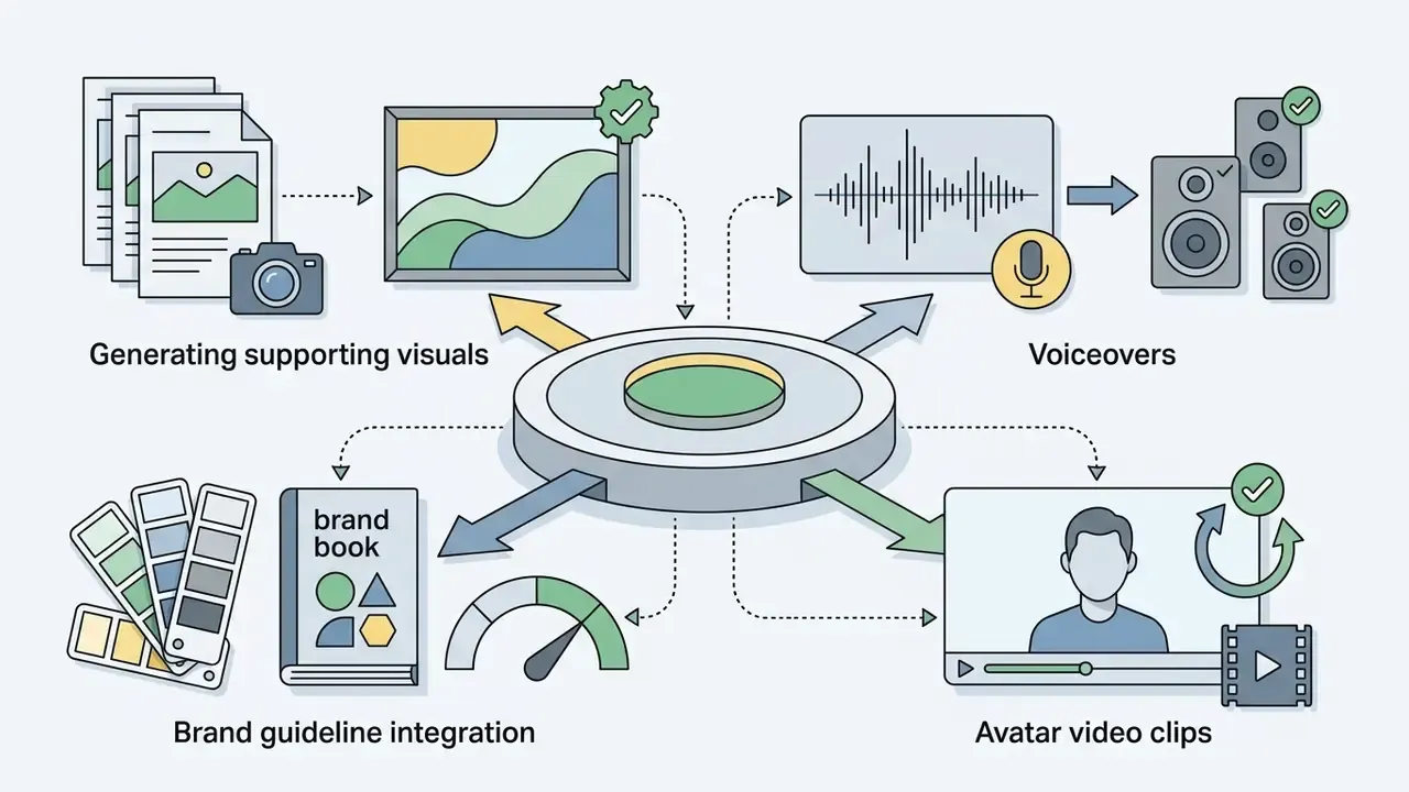 Visuals, voiceovers, and avatar clips radiating from a central hub with brand guideline integration