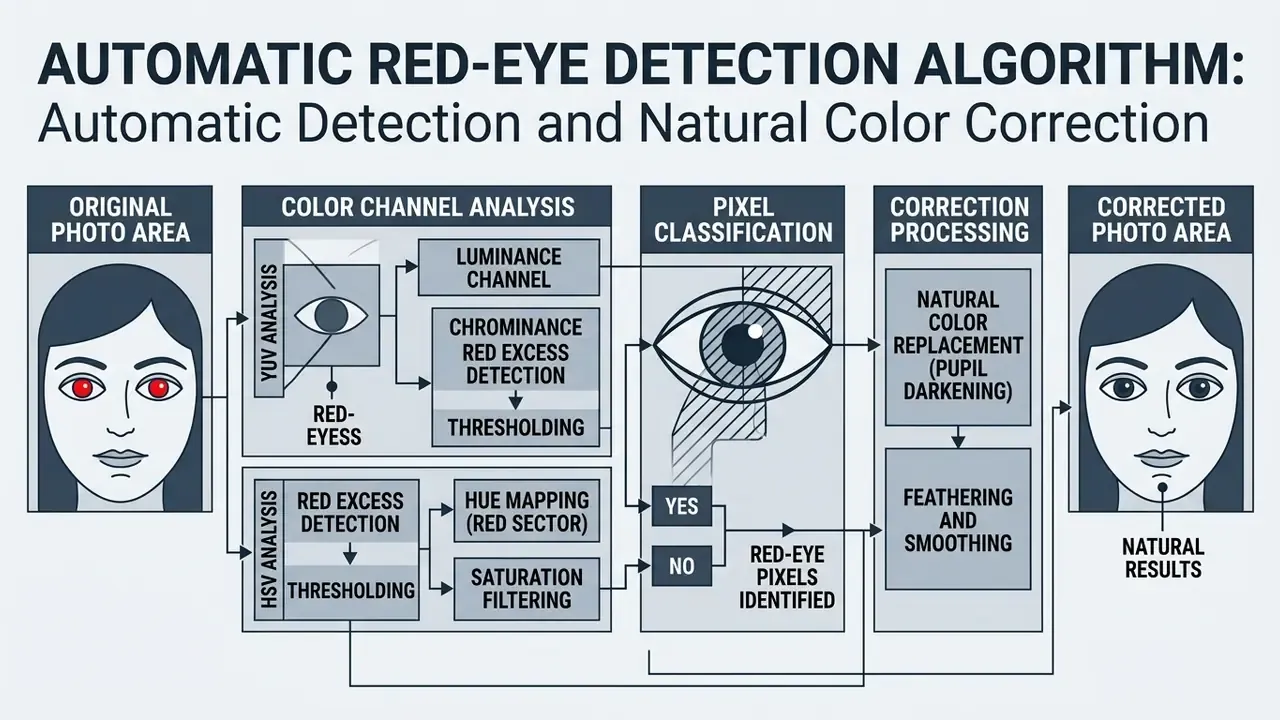 Flowchart detailing the pixel filtering stages of a red eye remover algorithm using YUV and HSV analysis