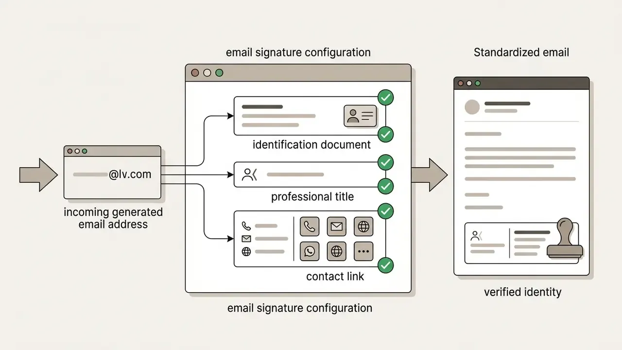 Email address flowing into a configuration window to create a signed and verified contact profile