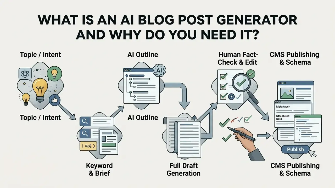 Flowchart showing the content pipeline from topic selection to AI draft generation and final CMS publishing