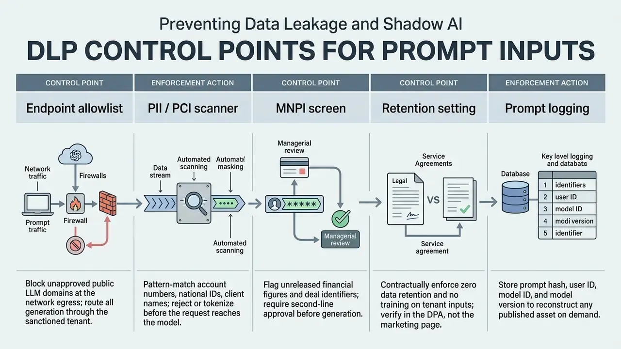 Flowchart detailing five data security control points for monitoring and filtering LLM prompt inputs