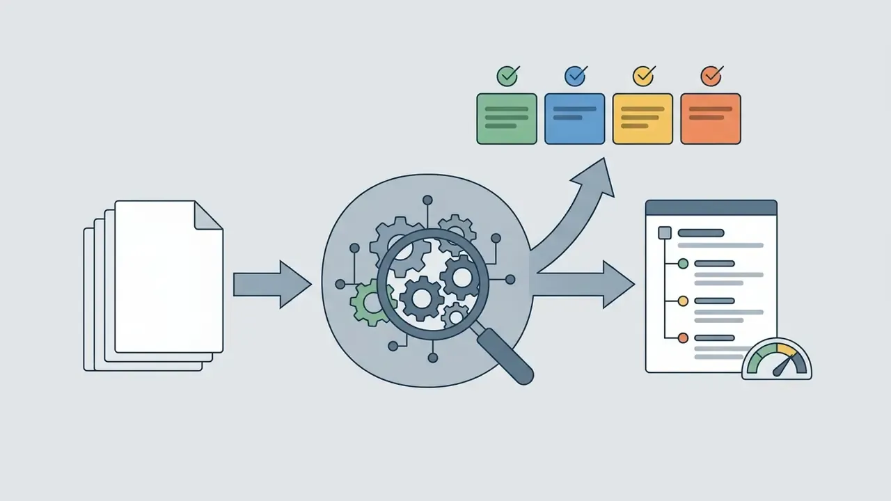 Documents flow through a magnifying glass and gear system to generate task lists and a performance gauge