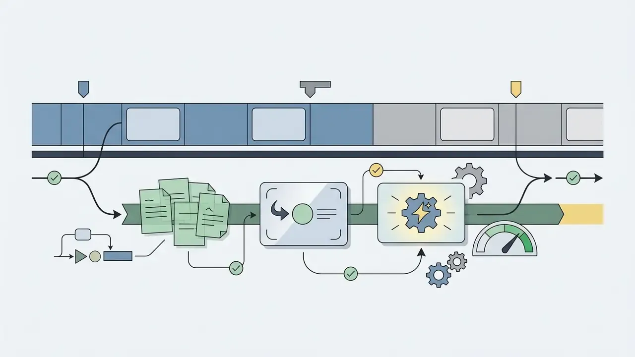 Timeline track with icons for documents, screen recordings, and AI processing gears with a speed gauge