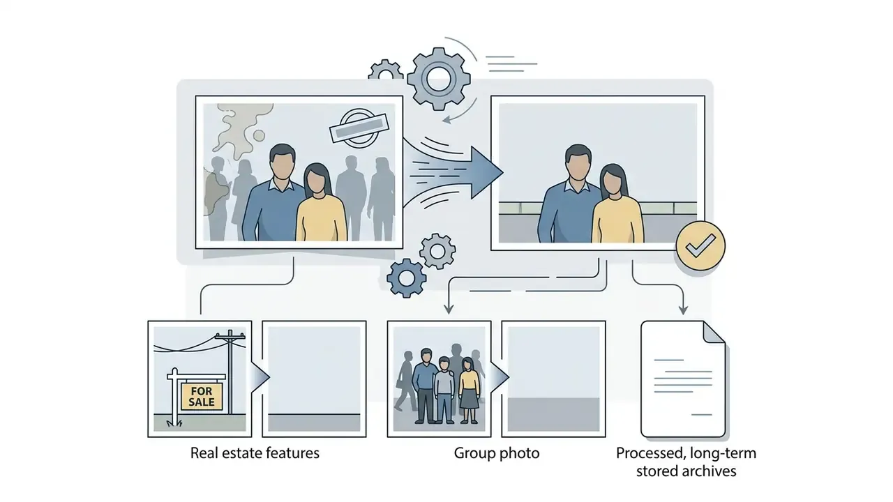 Workflow showing scanned family photos being cleaned of stains and background figures for digital storage