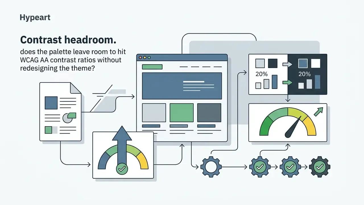 Website layout connected to color palette charts, contrast gauges, and gears representing design checks