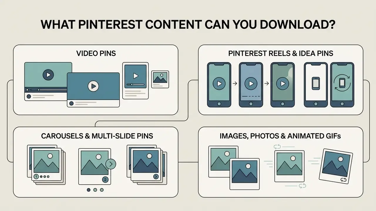 Summary graphic displaying various downloadable media types including video pins, reels, carousels, and GIFs