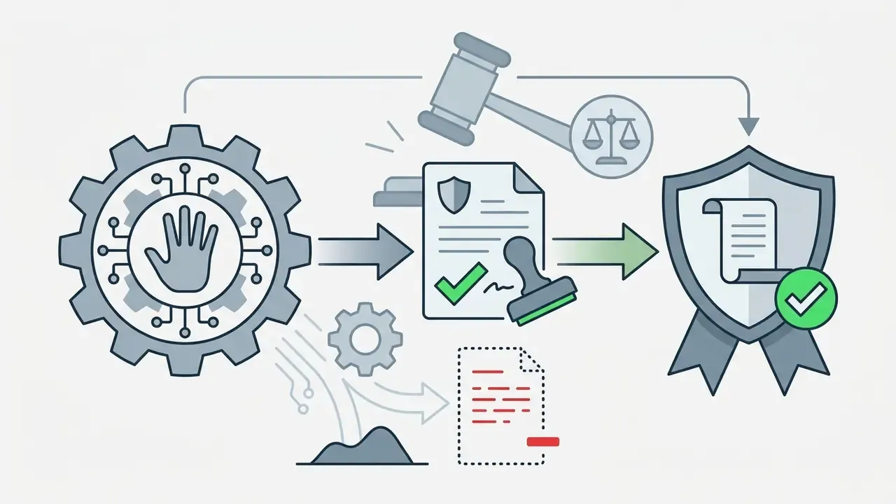 Gear with a hand icon feeding into a stamped document and a protected shield with a legal gavel